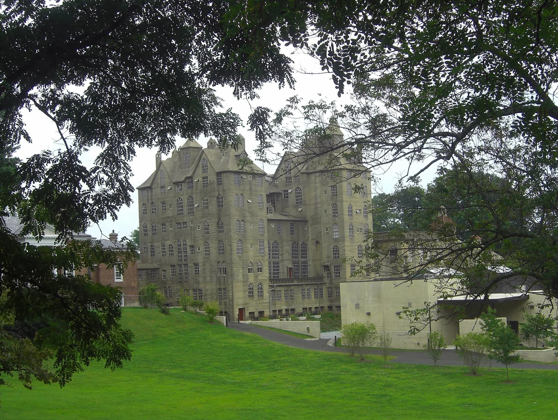 The Mercer Museum's concrete towers seen across a lawn in Doylestown